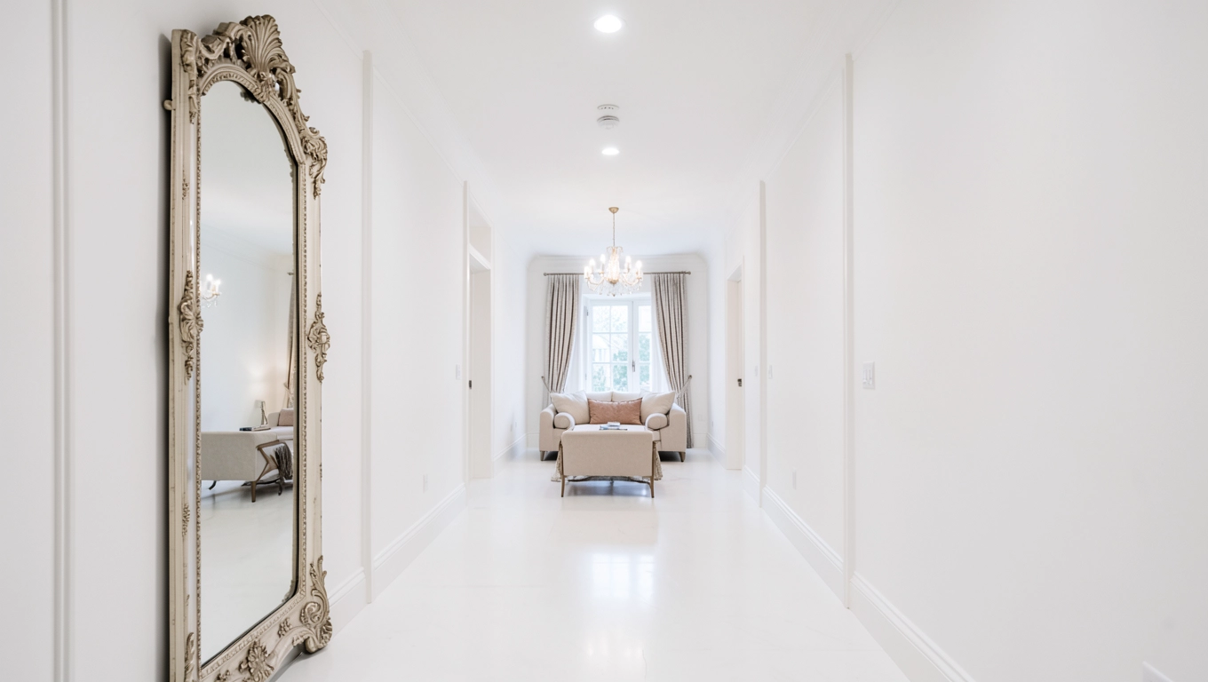 Duży biały przedpokój z lustrem